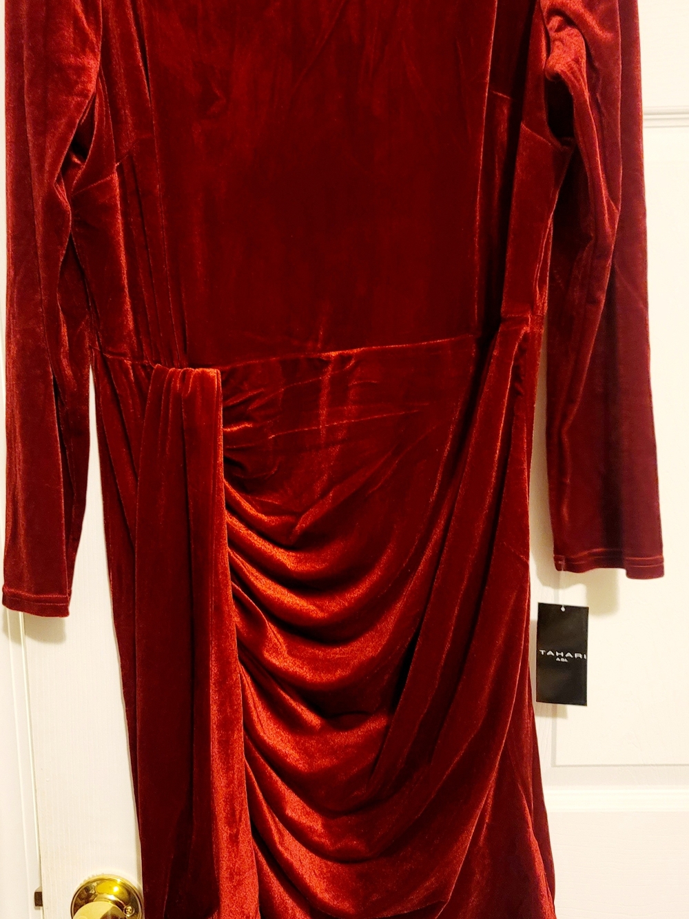 Tahari Deep Red Velvet Long Sleeve Draped Dress